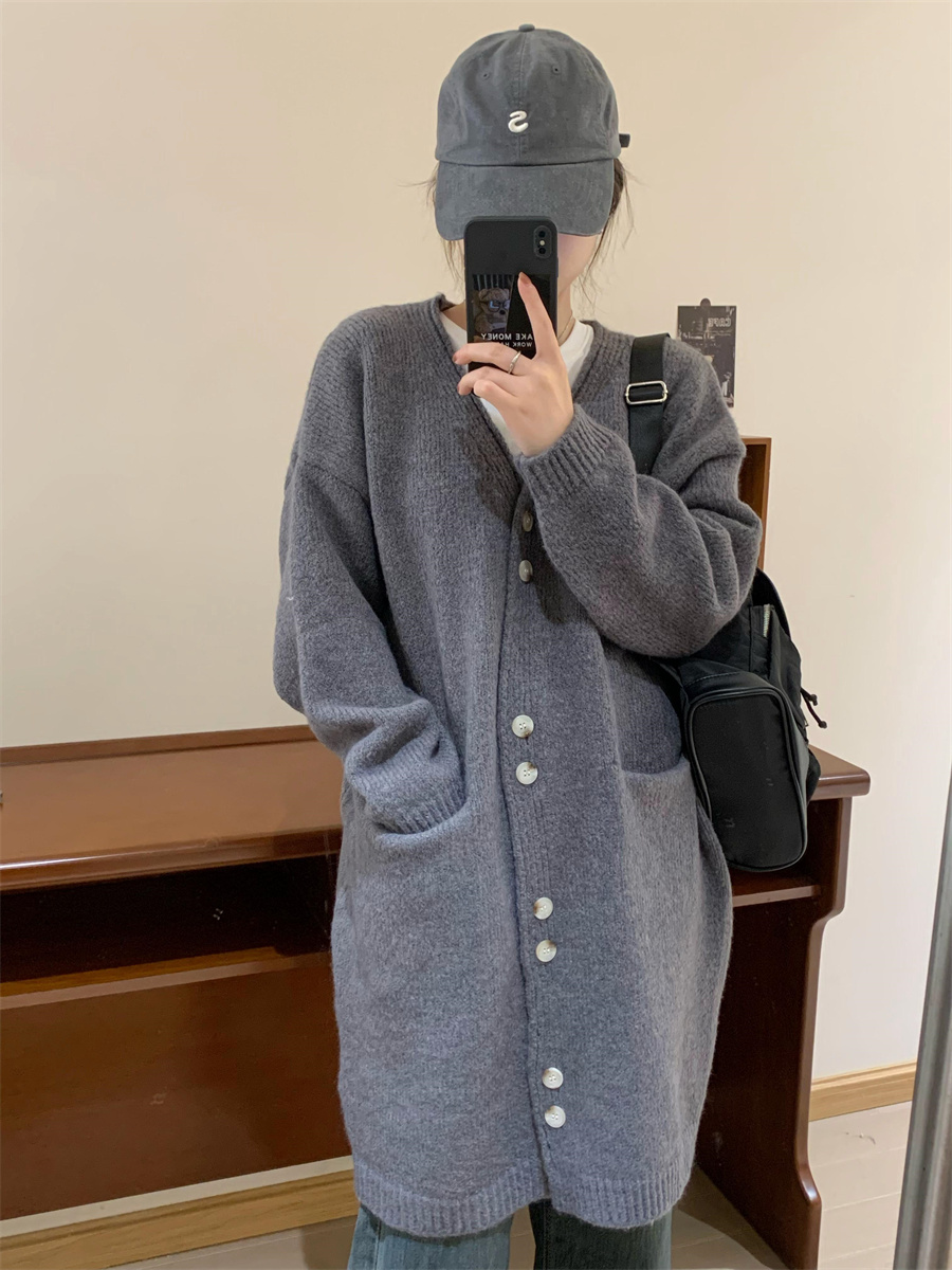 Double-button mid-length over-the-knee knitted cardigan for women, autumn new V-neck coat, loose sweater jacket, trendy