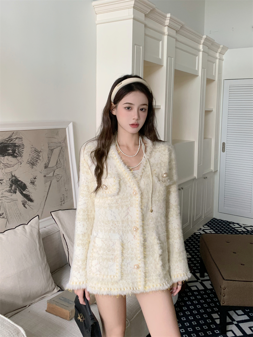 實拍~ 法式小香風釘珠流蘇V領粗花毛呢短款顯瘦長袖針織開衫
