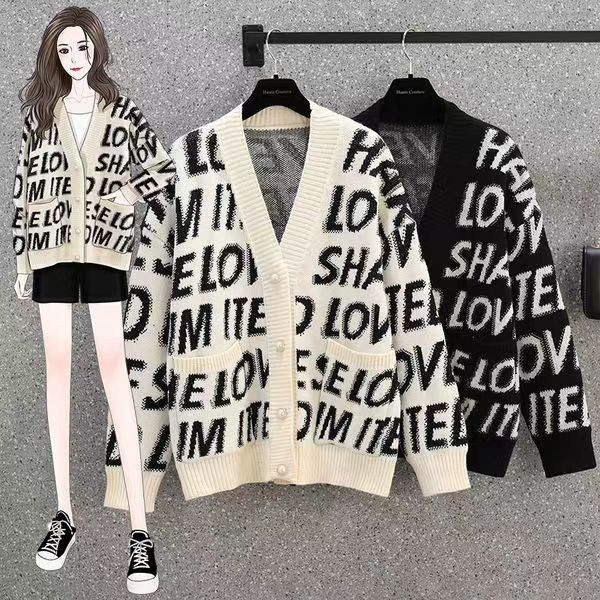 Fat mm extra large size lazy style V-neck cardigan sweater for women autumn and winter new loose and slim knitted jacket