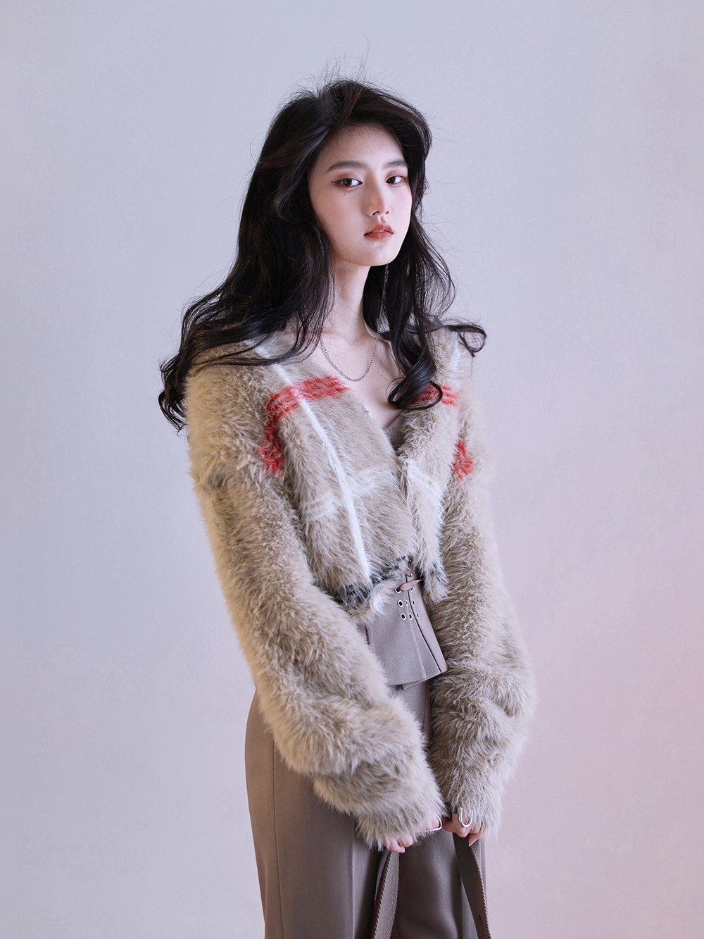 Korean mink velvet contrast striped short lantern sleeve knitted cardigan top autumn and winter new sweater jacket for women