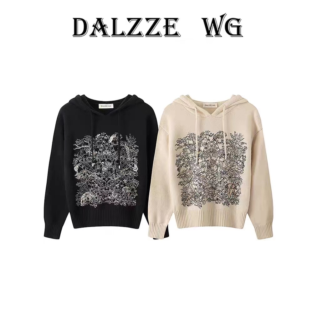 DALZZE WG2023秋冬時尚新款五角星刺繡套頭連帽長袖外套針織衫女