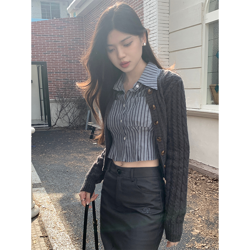 Actual shot of 2023 new autumn style chic waisted short striped lapel shirt for women Korean style long-sleeved versatile top