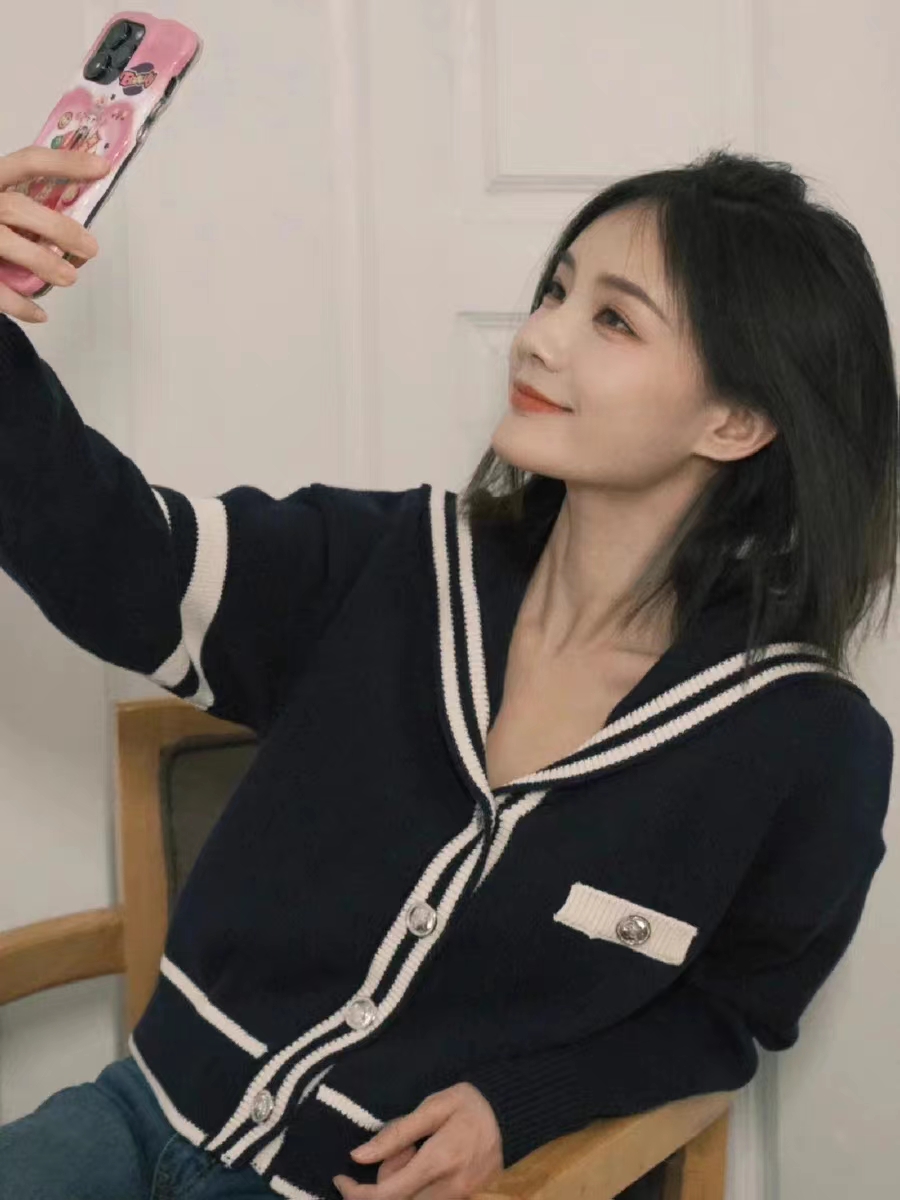 條紋拼色海軍領毛衣女寬鬆短款減齡學院風針織開衫上衣