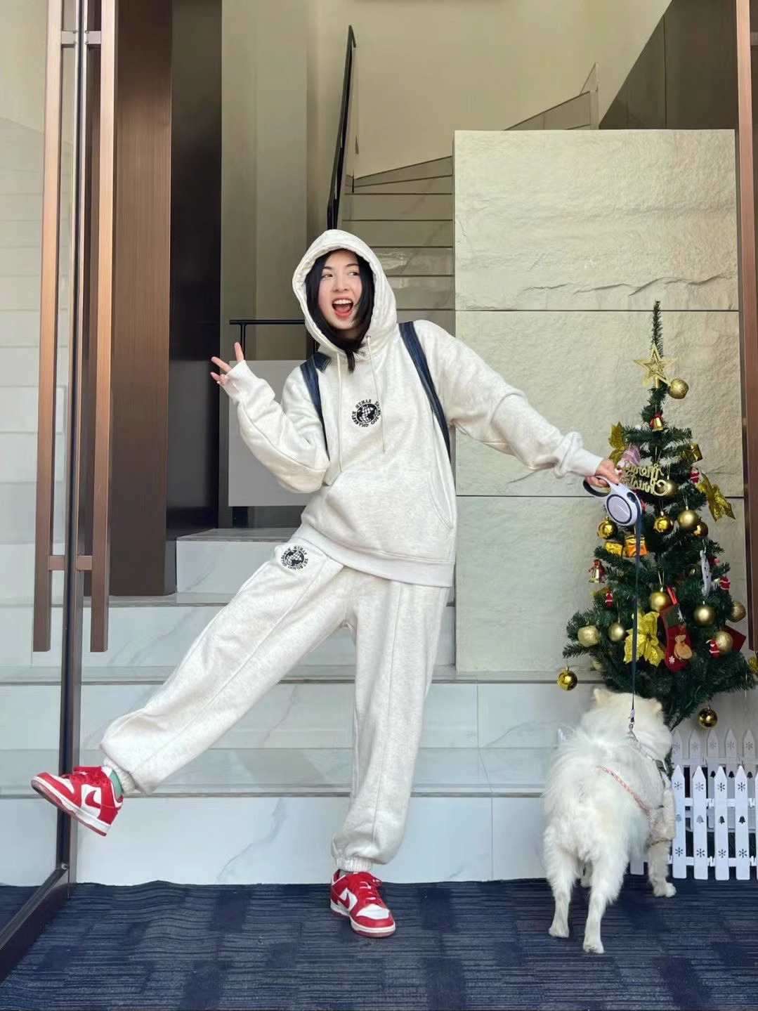 Chinese cotton composite autumn hooded sweatshirt and trousers two-piece American loose large size sports suit