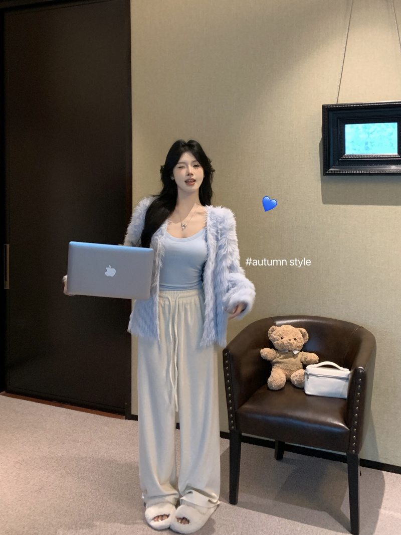實拍 慵懶風仿貂毛軟糯針織毛衣開衫外套+百搭抽繩顯瘦闊腿褲
