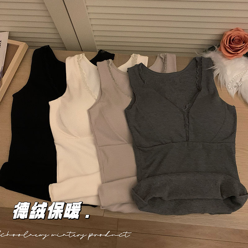 實拍 秋冬加絨加厚羊絨保暖背心女內搭一體化蕾絲打底衫上衣