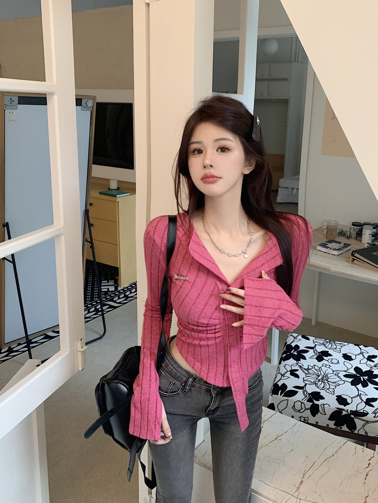 實拍 chao彈磨毛長袖上衣女秋甜辣T恤短款內搭打底衫