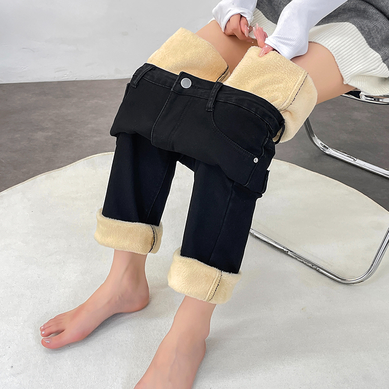 實拍2023秋冬季直筒牛仔褲女新款顯瘦寬鬆高腰加絨煙管褲子女