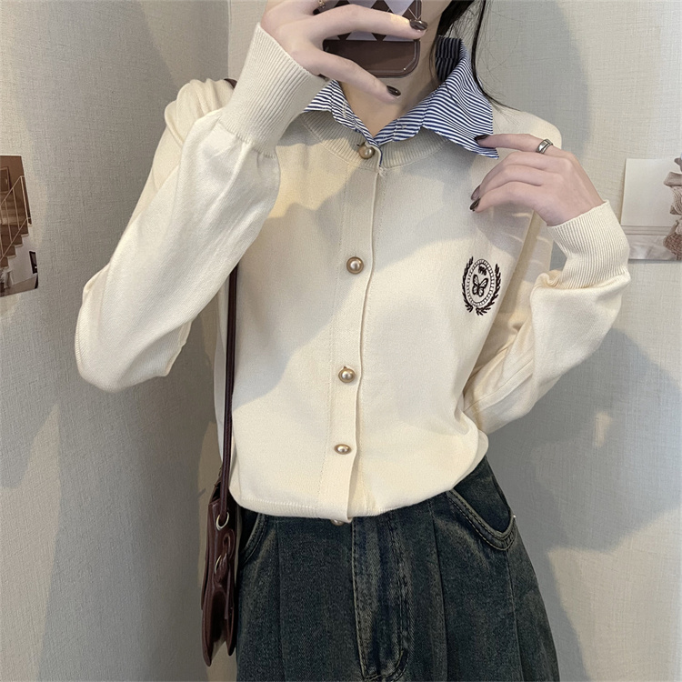 實拍韓版拼接Polo翻領假兩件針織開衫秋冬溫柔風長袖毛衣