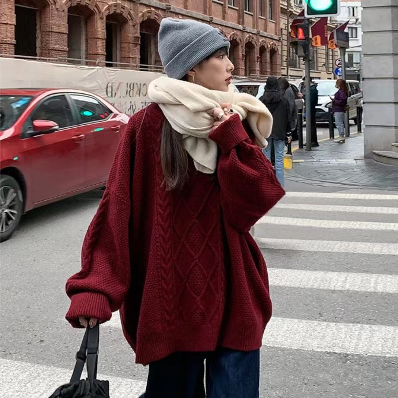 復古洋氣紅色麻花毛衣外穿女中長款秋冬加厚寬鬆慵懶風2023年新款