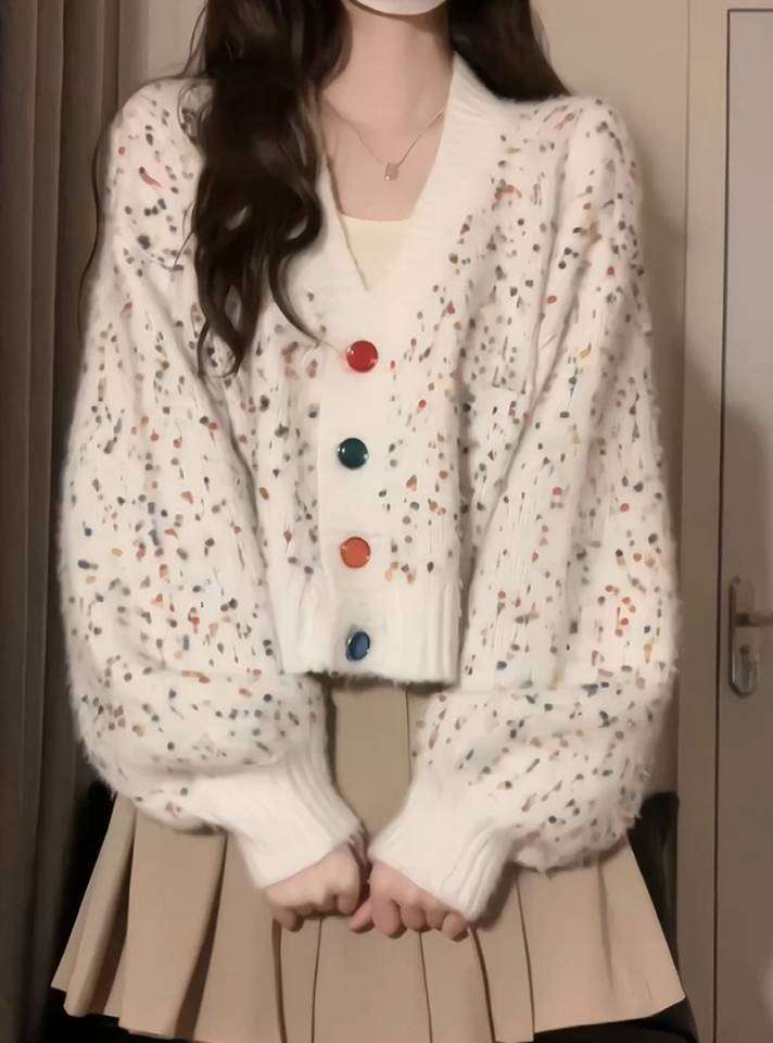 Super nice fufu cardigan v-neck sweater for women spring and autumn short style lazy style bf soft waxy autumn and winter casual sweater