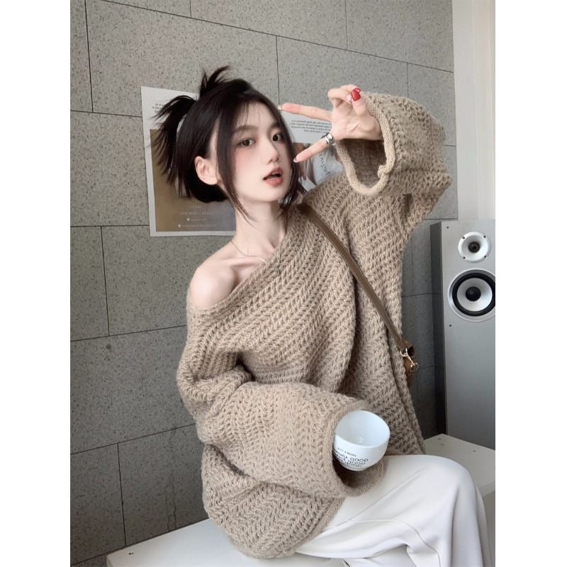 法式針織衫女秋冬甜美溫柔斜肩毛衣設計感小眾別致慵懶風露肩上衣