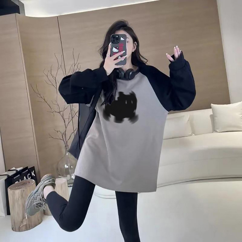 秋季撞色插肩袖中長款打底衫女內搭遮臀長袖t恤搭配鯊魚褲上衣潮