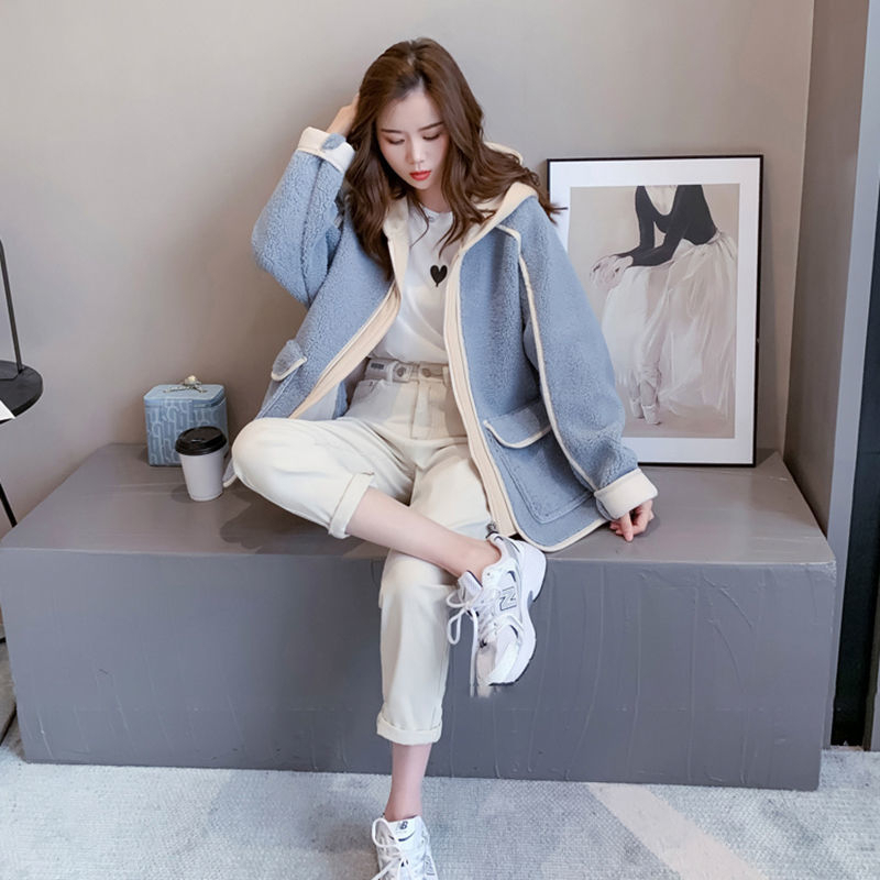 Korean style new retro lamb wool short coat autumn and winter large size loose and stylish age-reducing cardigan top for women