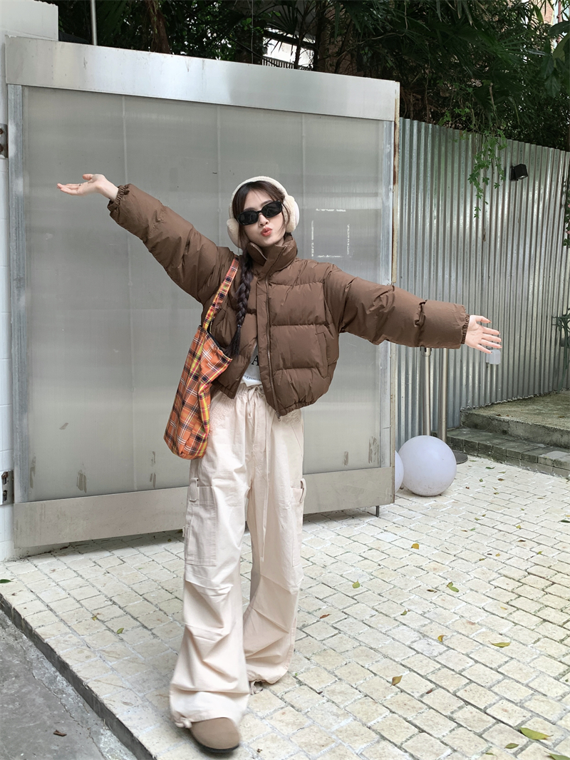 實拍美式復古短款棉服外套秋冬立領麵包服棉衣外套工裝褲套裝