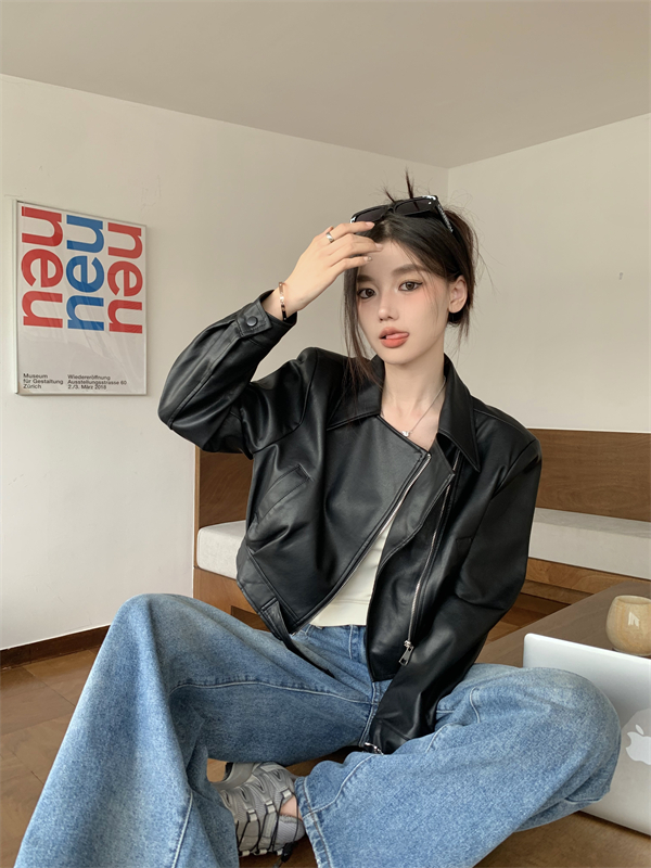 Real shot of autumn and winter new design high-end retro coffee color pu leather suit leather jacket short style