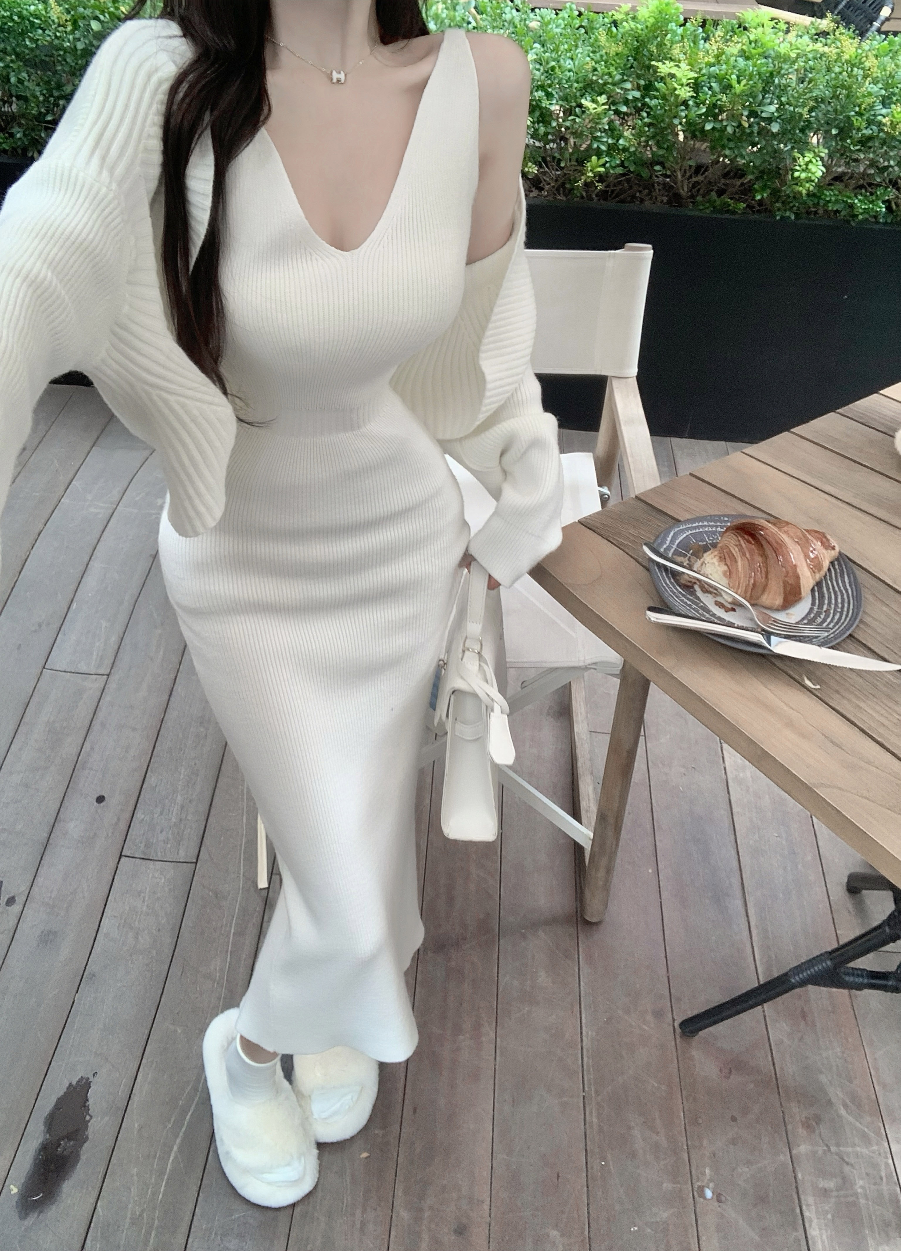 Real shot ~ French style lazy simple knitted suit dress waist long skirt short shawl two-piece set
