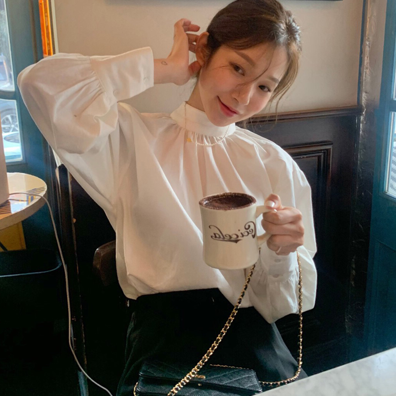 Design niche white stand-up collar long-sleeved shirt feminine ladylike style retro French sweet puff sleeves