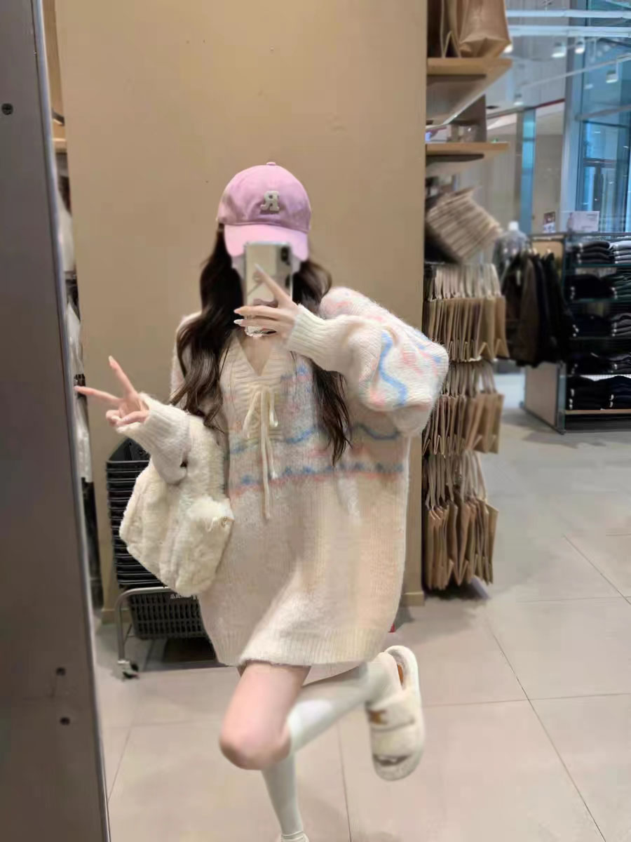 溫柔氣質風復古V領綁帶條紋針織毛衣女學院慵懶開衫長袖外套上衣