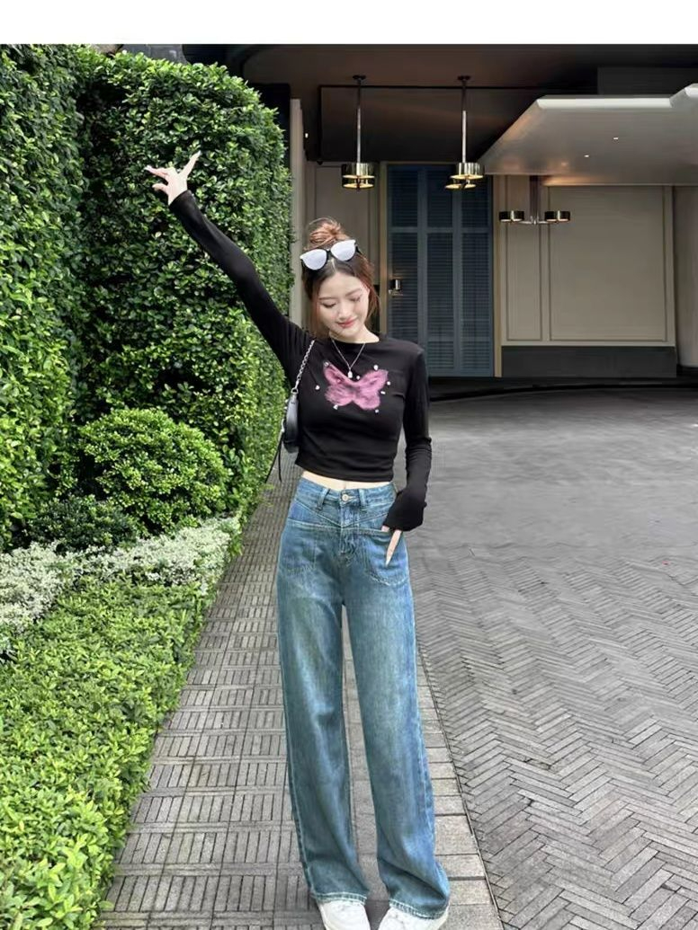 2023韓版修身短款純欲風長袖t恤女秋蝴蝶帶鑽顯瘦顯高打底衫上衣
