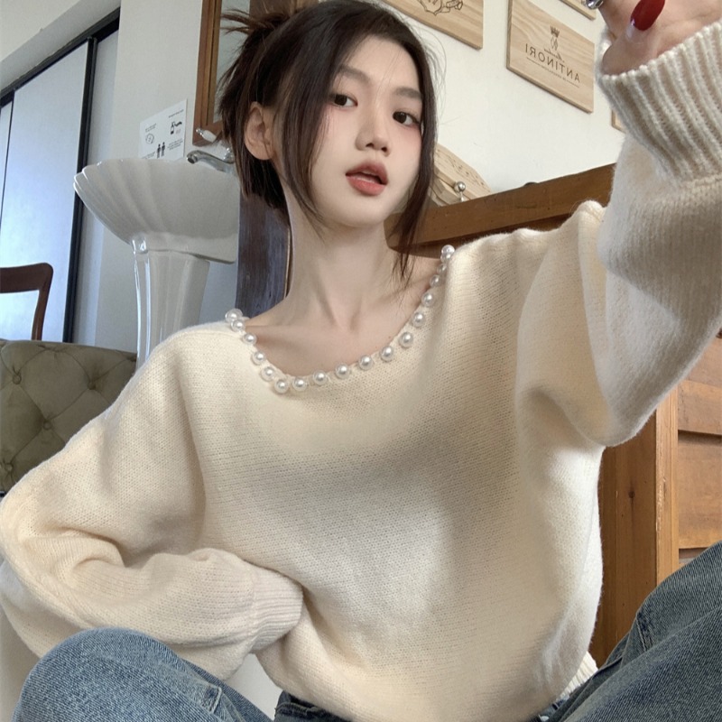 珍珠v領軟糯風毛衣女秋冬新款設計感小眾別致針織衫寬鬆休閒上衣