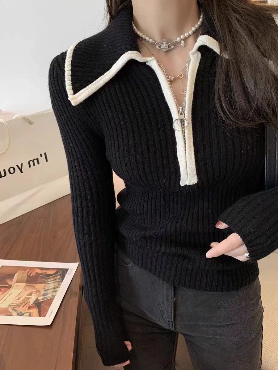 OHLABABY 拉鏈翻領毛衣女秋冬長袖內搭修身高級感上衣針織打底衫