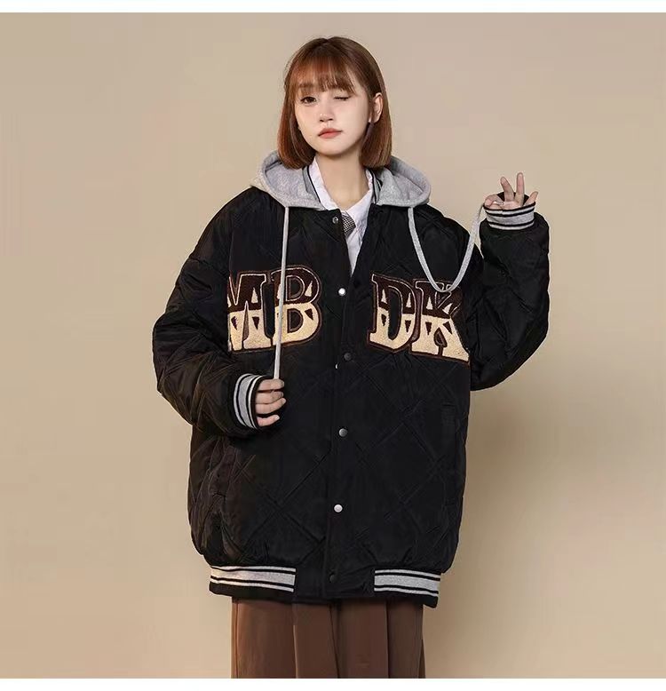 Baseball cotton jacket for women American retro loose hooded down cotton jacket 2023 street style new rhombus cotton jacket ins trend