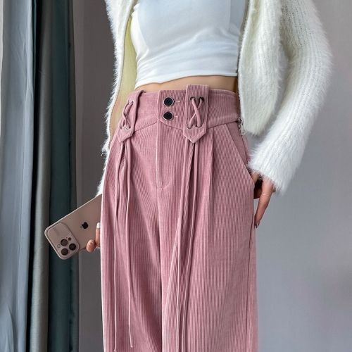 加绒加厚紫色灯芯绒裤子女秋冬季设计感高腰垂感绑带雪尼尔阔腿裤