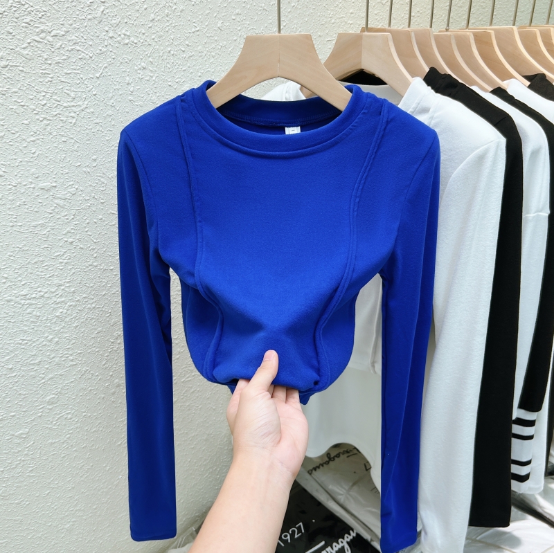 Actual shot of ammonia velvet brushed design niche bottoming shirt women's short long-sleeved T-shirt