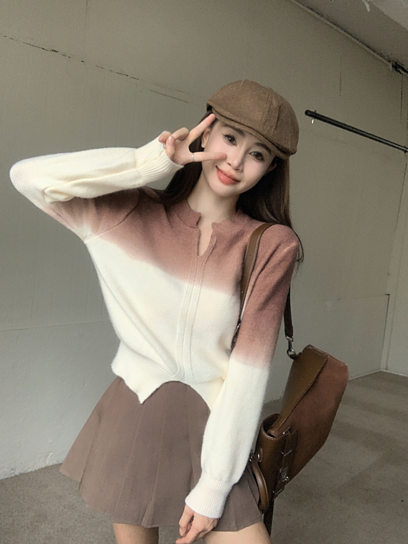 實拍 2023新款漸變拼色V領套頭毛衣女簡約長袖針織衫上衣