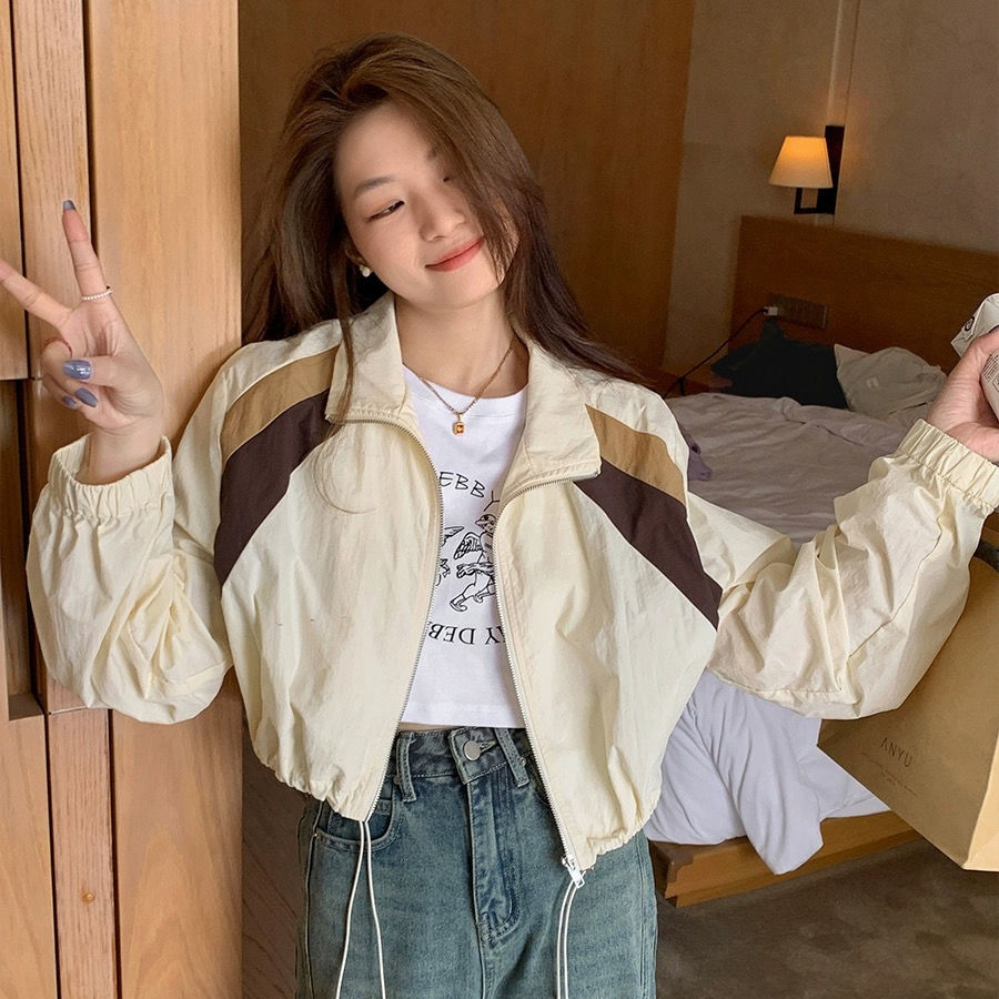 Sweet and Cool Jackets Spring and Autumn American Style Contrast Color Half Turtle Collar Drawstring Women Small Tall Long Sleeve Versatile Short Jacket Women