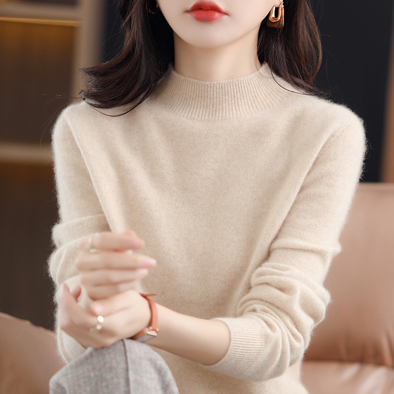 一線成衣無縫羊毛衫女100純羊毛2023秋冬半高領寬鬆套頭打底毛衣