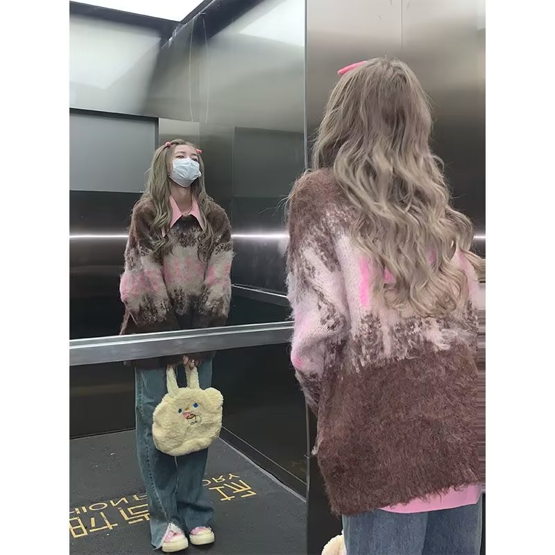 美式復古漸變色慵懶風毛衣針織衫女寬鬆小眾高級感秋冬上衣外套潮