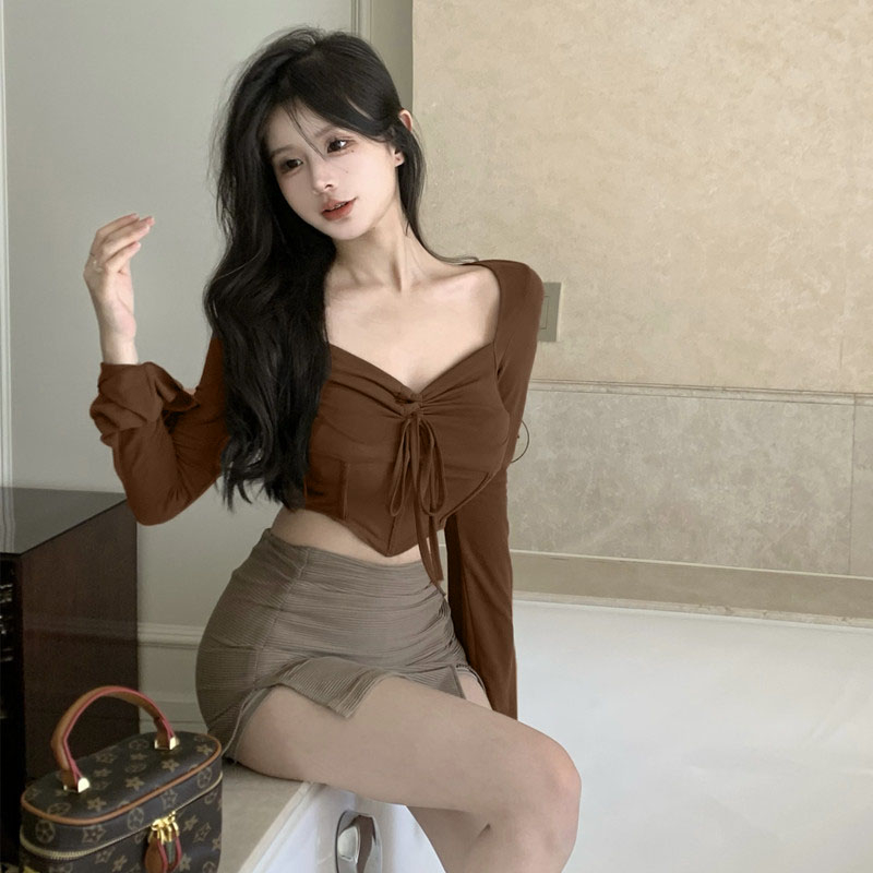 人棉復古設計感系帶魚骨收腰短款上衣女長袖