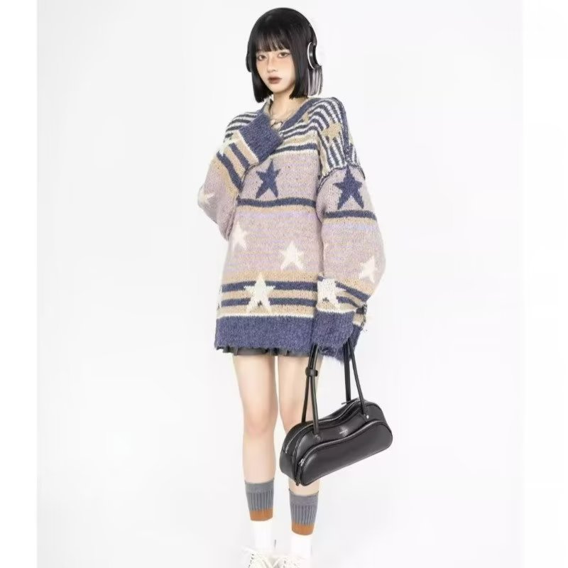 女款星星條紋毛衣秋冬季復古寬鬆休閒美式針織衫套頭上衣女裝