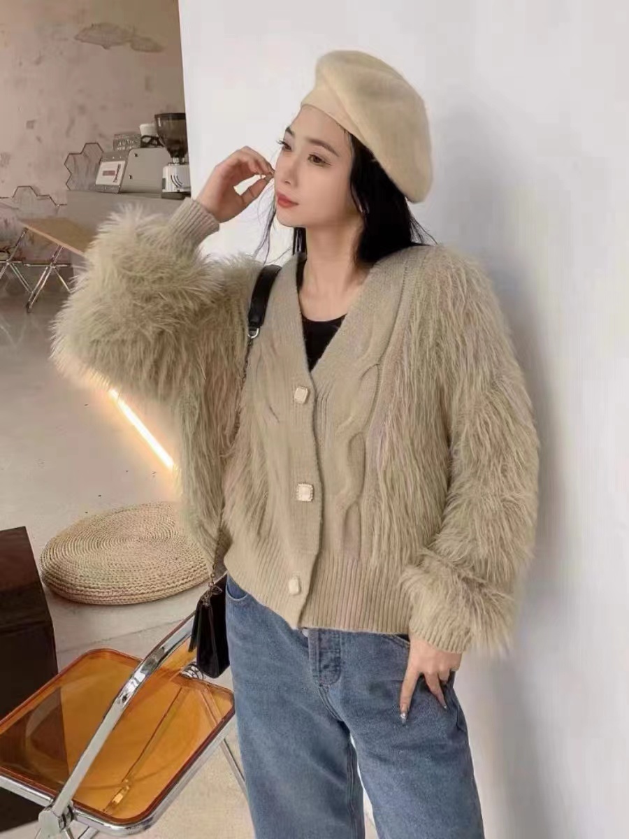 South Korea Dongdaemun imitation mink sweater women's design high waist short V-neck knitted cardigan jacket top