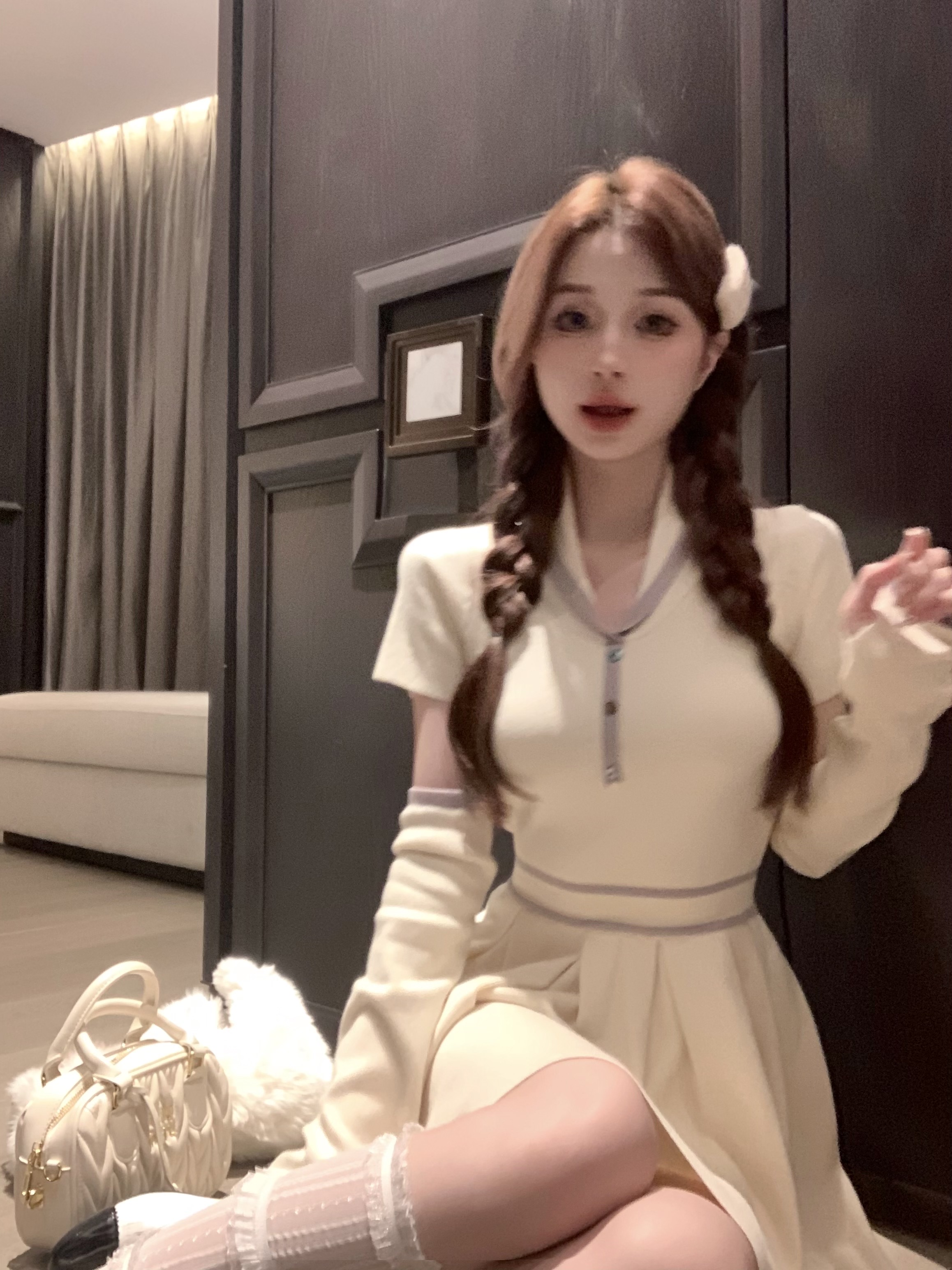 實拍 減齡少女感奶呼呼香芋紫撞色收腰軟糯針織連衣裙帶套袖秋冬