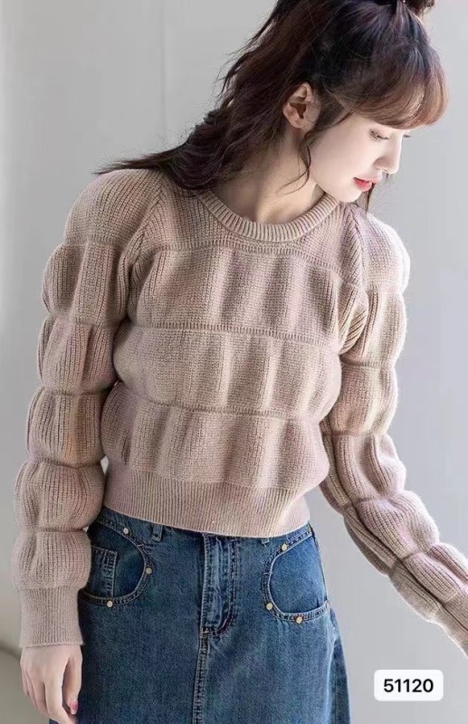 正肩燈籠袖毛衣女秋冬季時尚洋氣獨特别致小個子高腰短款上衣外穿