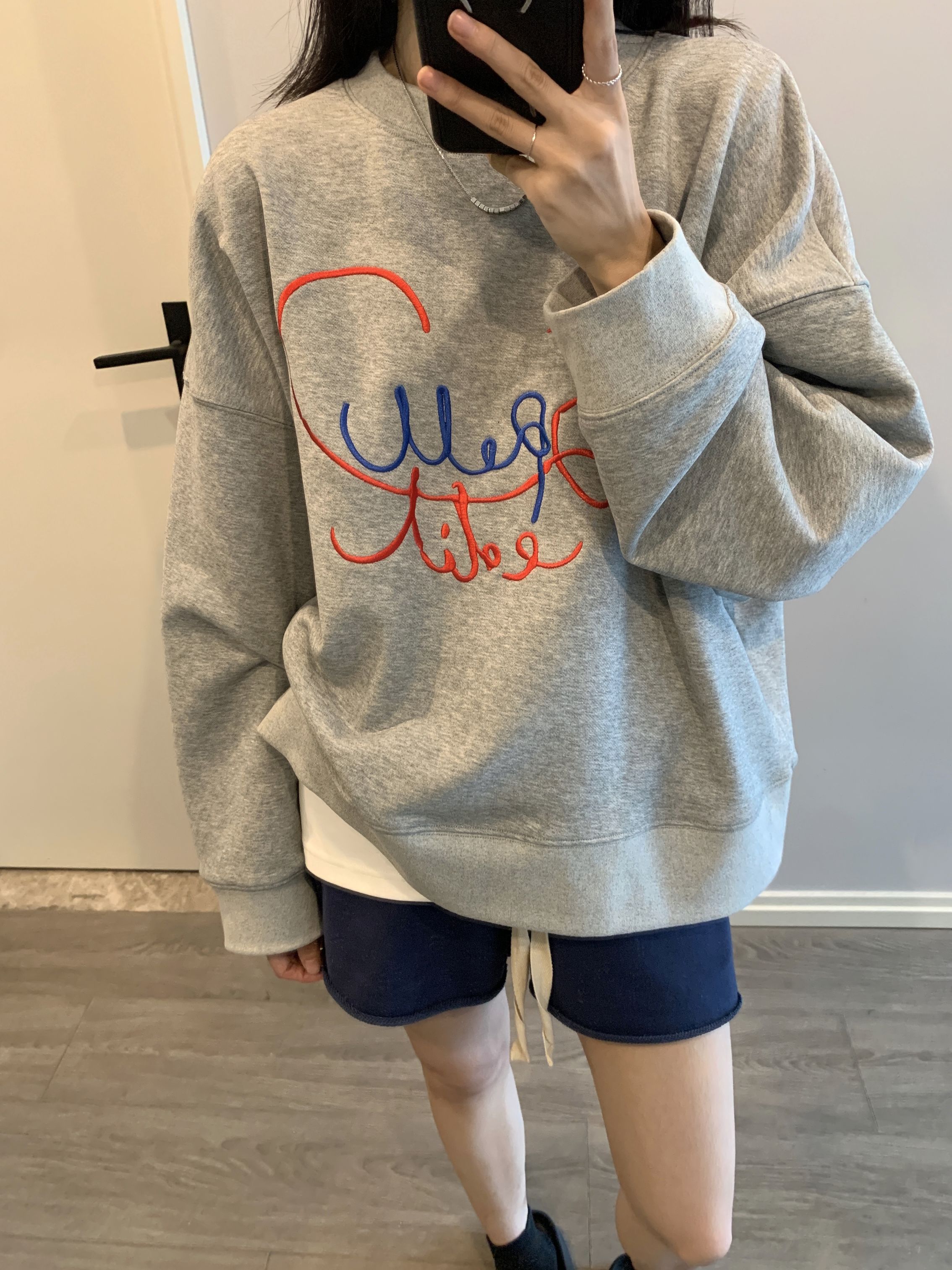 Official picture of Chinese cotton composite thin 310g plus velvet 410g autumn and winter round neck sweatshirt for women with printed loose large size