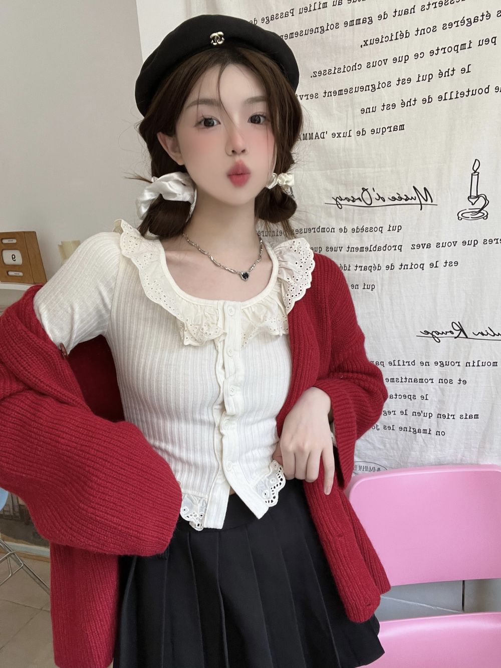 實拍三標齊設計感花邊領純色打底衫長袖上衣寬鬆保暖毛衣外套