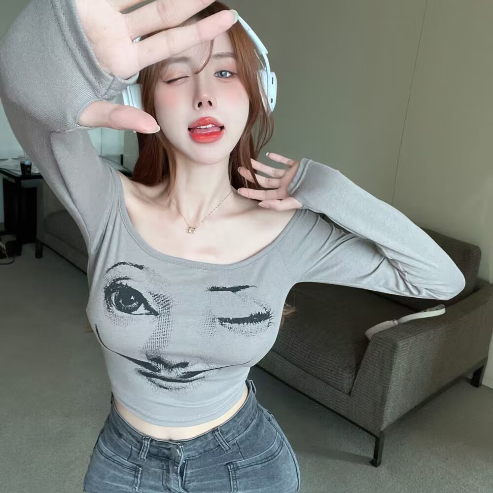 一字肩短款上衣女設計感小眾秋季純欲辣妹性感長袖t恤打底衫內搭