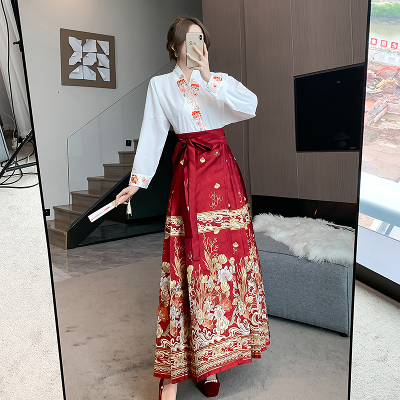 實拍2023新款古風織金妝花馬面裙明制漢服重工刺繡飛機袖女兩件套