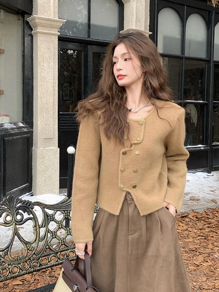 法式不規則針織開衫女秋冬2023新款雙排扣設計感洋氣外穿長袖上衣