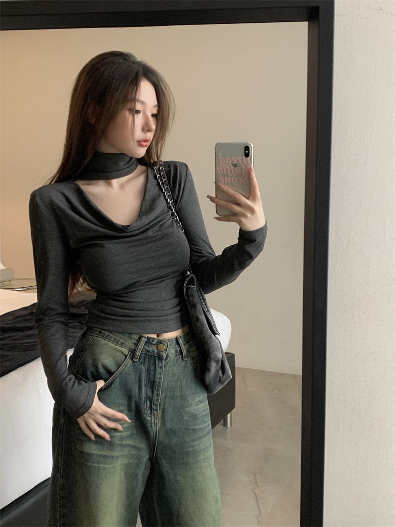 Actual shot of Gentle and Pure Desire Swing Collar Hollow Design Long Sleeve T-shirt Women's Autumn and Winter Korean Style Inner and Outer Top