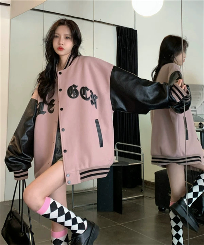 Sweet cool leather pink baseball uniform for women spring and autumn 2023 new student loose retro American splicing jacket jacket