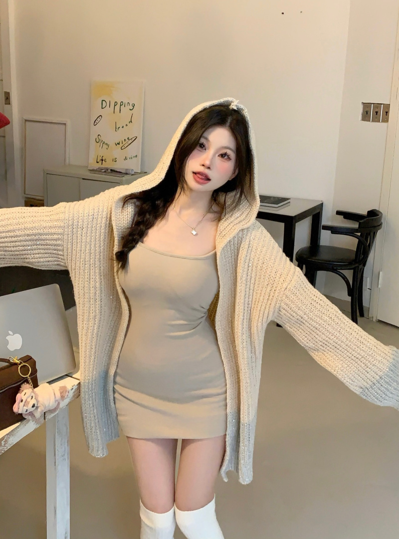 Real shot of lazy style sequined hooded sweater autumn and winter knitted cardigan coat suspender bottoming hip skirt suit