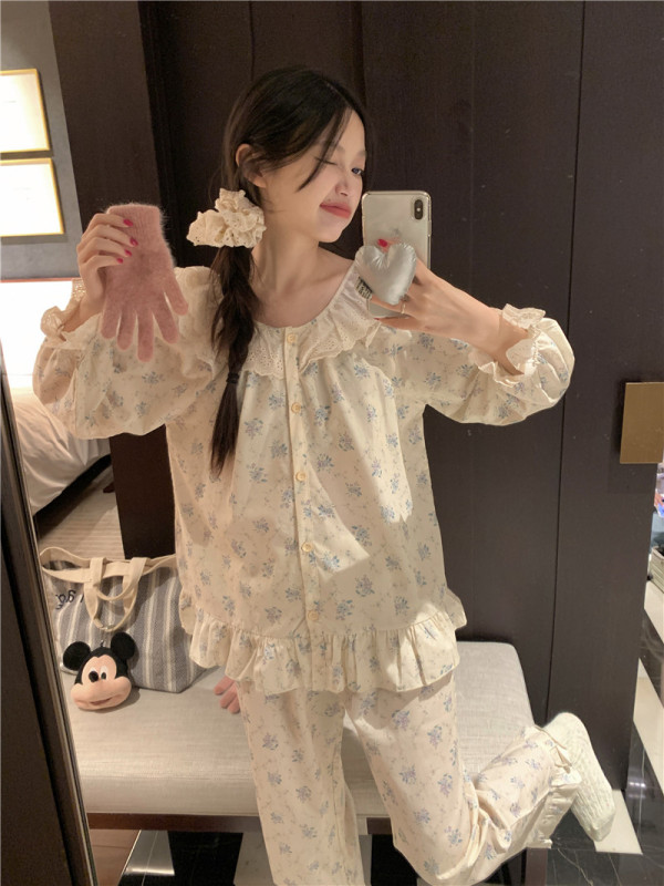 實拍韓版甜美公主風蕾絲全棉印花小清新舒適外穿秋季家居服套
