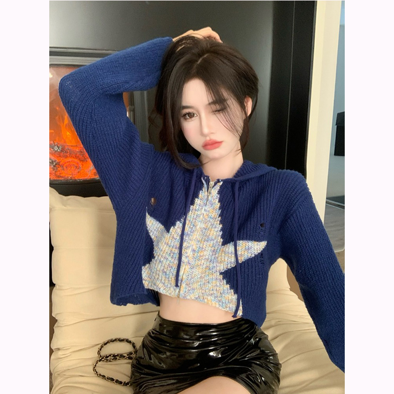 Irregular hooded knitted short cardigan jacket for women 2023 autumn and winter new design sweater lazy style top