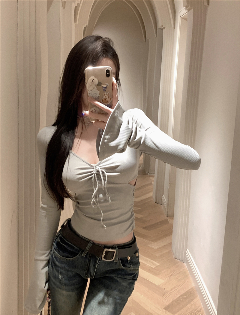 實拍~灰色V領側面鏤空設計長袖打底衫內搭女修身顯瘦熱辣上衣
