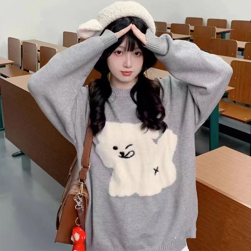 圓領套頭可愛狗狗毛衣女慵懶風春秋新款秋裝寬鬆針織衫外穿上衣潮